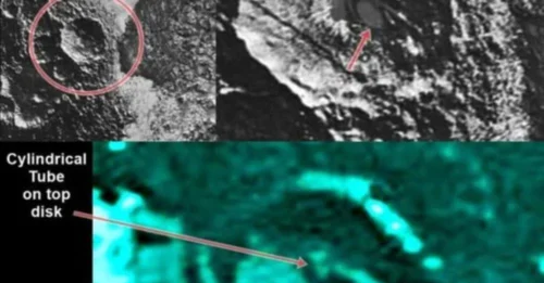 Hidden beneath Pluto’s icy silence, a disk-shaped craft waits in a crater, hinting at cosmic travelers who never left.