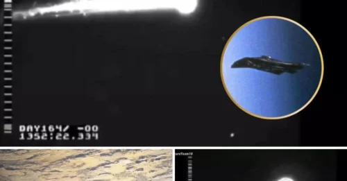 Multiple glowing UFOs shoot from the volcano’s mouth