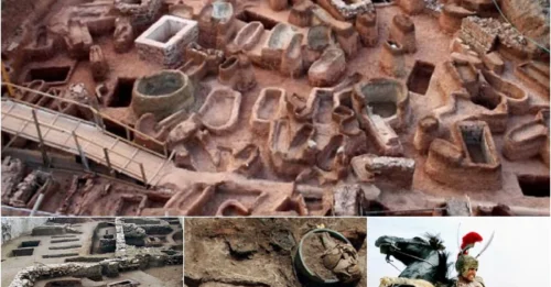 43 ancient tombs dating back to 650 BC were buried together The helmet was of bronze, the sword and knife were of iron and gold, richly decorated with drawings of lions