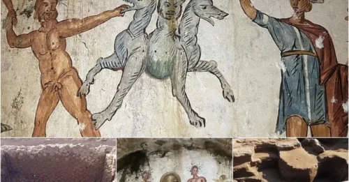 A stunning 2,000-year-old fresco of ichthyocentaurs – a centaur-like sea god – and a three-headed dog said to guard the gates of hell has been discovered in Italy