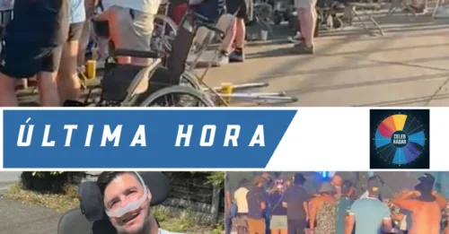 ¡Apoyadme! Momento en que decenas de fans de Oasis con discapacidad se levantan de sus sillas de ruedas y empiezan a bailar... observados por un desconcertado paciente con distrofia muscular.