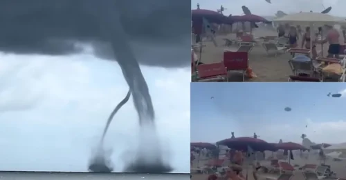 Momento impactante en el que los turistas huyen cuando un TORNADO golpea una playa italiana, haciendo que las sombrillas giren por los aires e hiriendo al menos a una persona, mientras que gigantescas manganesas también golpean la costa.