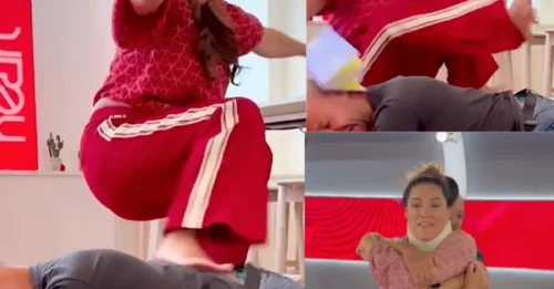 Kelly Brook se cae y termina con un collarín después de que la tendencia de TikTok pareciera salir muy mal