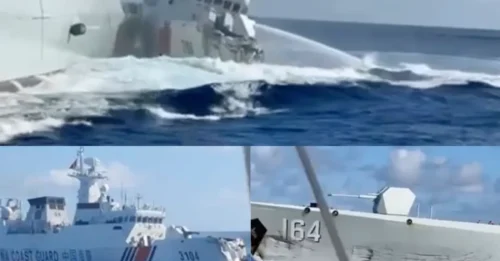Momento en que barcos chinos chocan entre sí mientras persiguen a un buque en el último enfrentamiento en el Mar de China Meridional.
