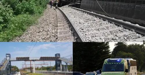 Un tren descarrila y vuelca matando a un pasajero tras chocar con un camión en un paso a nivel, dejando 16 heridos en el desastre.