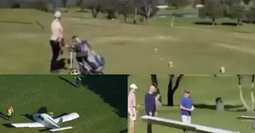 Momento de terror: Avión se estrella en un campo de golf y dos personas resultan heridas mientras los golfistas se apresuran a ayudar al instructor piloto y al estudiante a bordo.