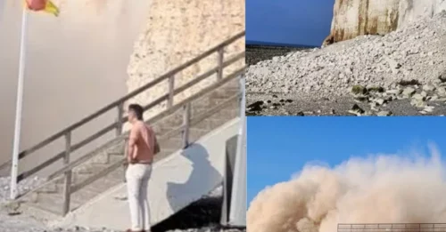 Momento de infarto: el acantilado se derrumba mientras turistas horrorizados observan