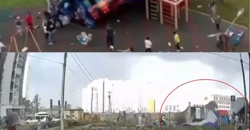 Mira el aterrador momento en que un castillo inflable es lanzado al aire durante vendavales de terror dejando al menos a cuatro niños heridos.