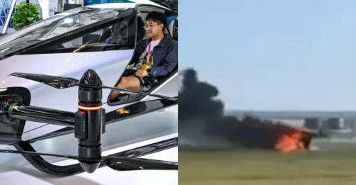 ¿Es este el primer accidente doble de coche volador del mundo? Un incendio estalla tras el choque de vehículos futuristas en el aire.