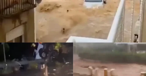 Vea cómo las carreteras de la costa española se convierten en ríos rugientes mientras miles de personas son evacuadas a refugios en medio del infierno causado por la tormenta Alice.