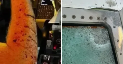 Piloto queda ensangrentado después de que un objeto misterioso se estrellara contra el parabrisas de un Boeing 737 a 36.000 pies de altura, bañando la cabina con vidrio.