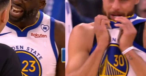 CURRY ISSUES ULTIMATUM ON GREEN: Stephen Curry's facial expression as he watches Draymond Green crash out during a Warriors timeout—the end of the Curry-Green era.
